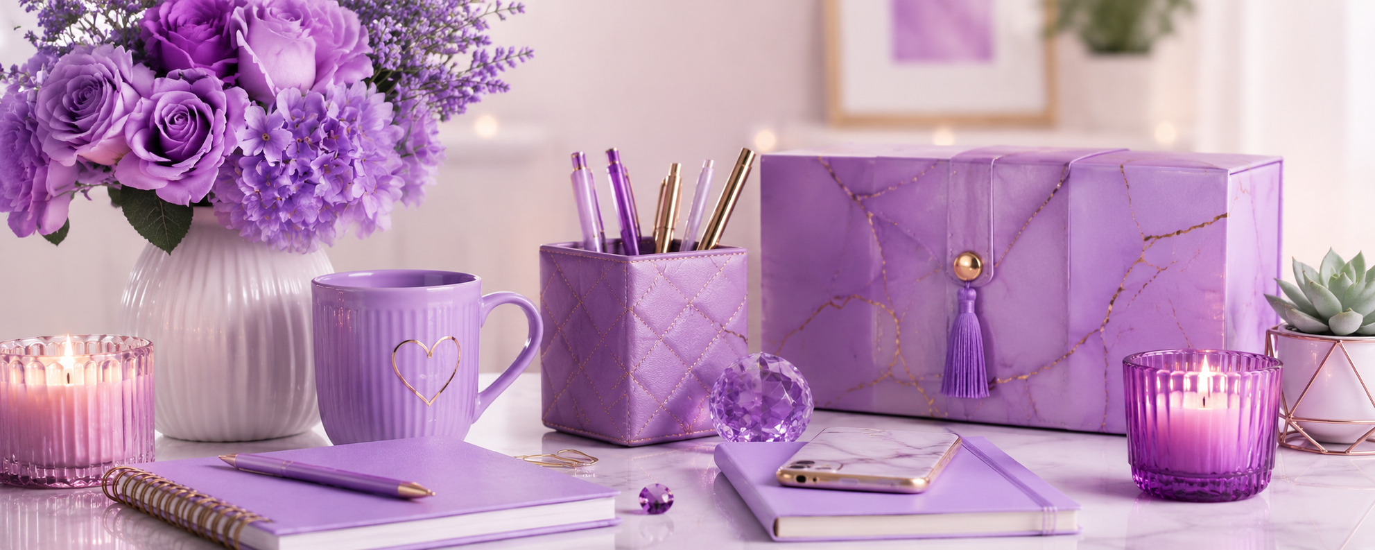 Desk arrangement with purple floral bouquet, notebooks, candles, mugs, pen holder, decorative box, and small succulent plant.