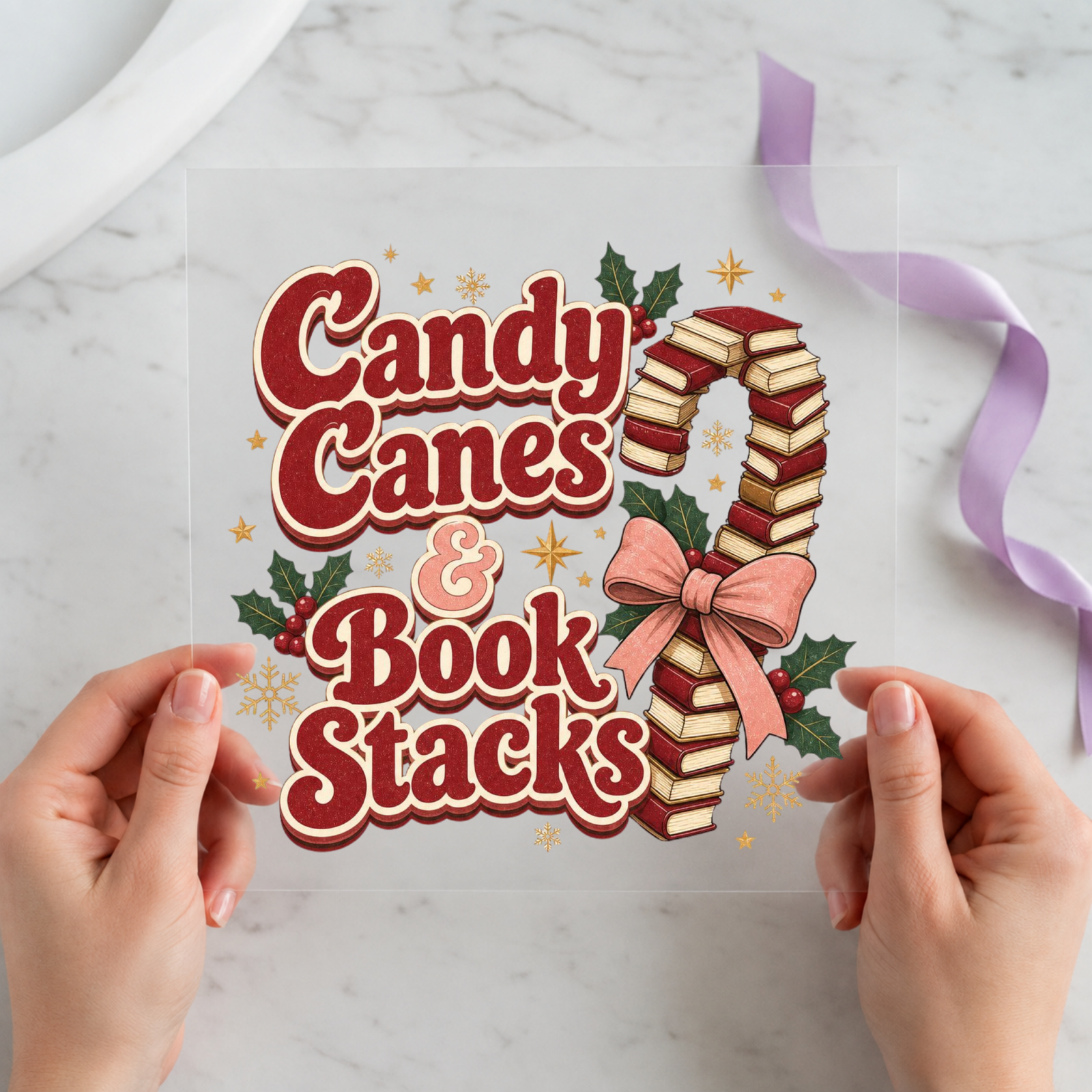 Candy Canes & Book Stacks Christmas DTF transfer design