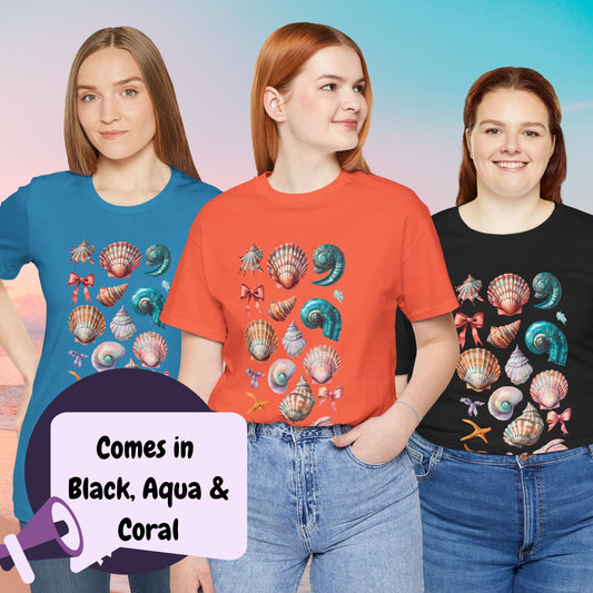 Coral, black and Aquart-shirt with seashell and bow graphic print.