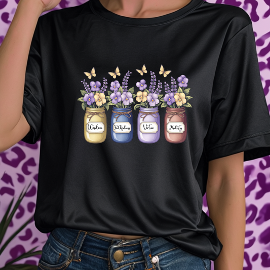 Violet Primrose Birth Flower Jar Shirt | February Wisdom Faithfulness Virtue Modesty | Butterfly Floral Tee