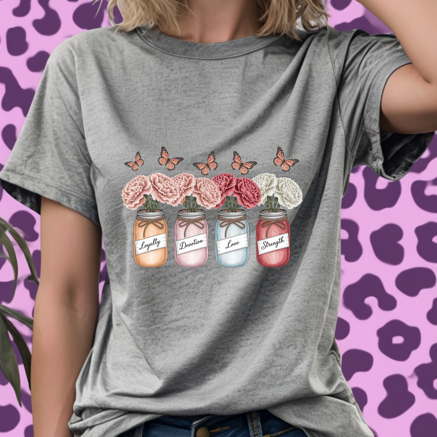 Carnation Birth Flower Jar Shirt | January Loyalty Devotion Love Strength | Unique Floral Butterflies Tee