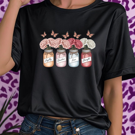Carnation Birth Flower Jar Shirt | January Loyalty Devotion Love Strength | Unique Floral Butterflies Tee