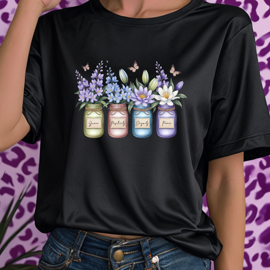 Larkspur Water Lily Birth Flower Jar Shirt | July Grace Positivity Dignity Peace | Butterfly Floral Tee