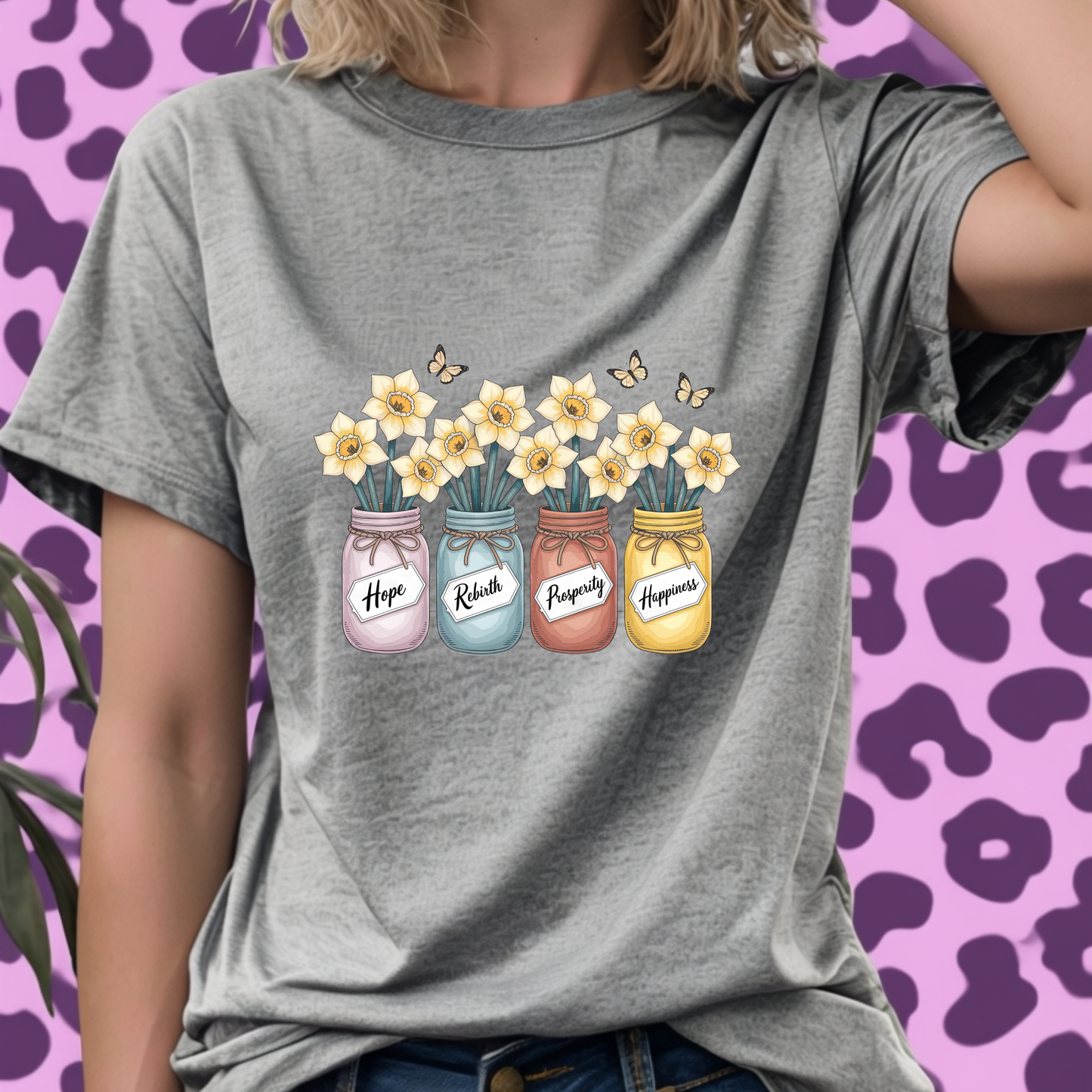 Daffodil Birth Flower Jar Shirt | March Hope Rebirth Prosperity Happiness | Butterfly Floral Tee