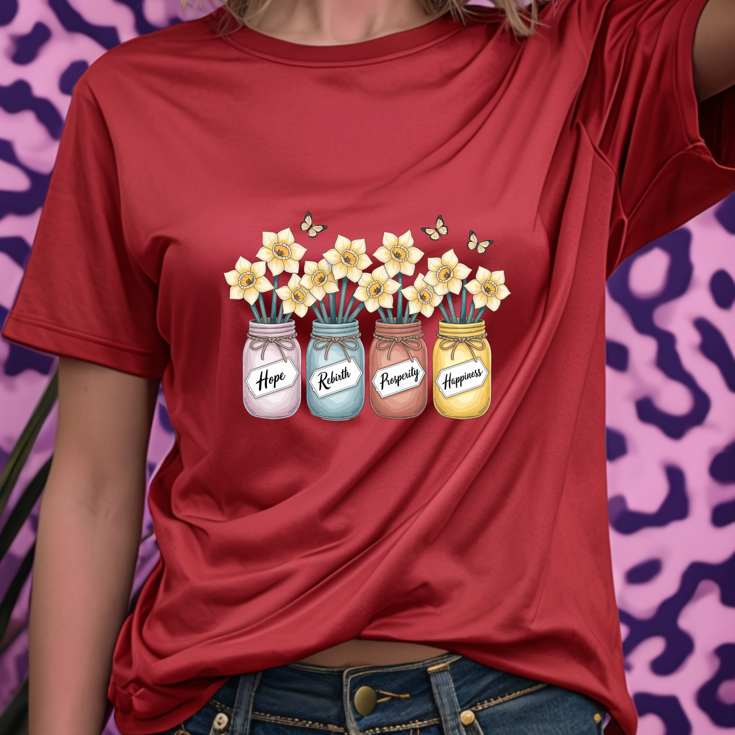 Daffodil Birth Flower Jar Shirt | March Hope Rebirth Prosperity Happiness | Butterfly Floral Tee