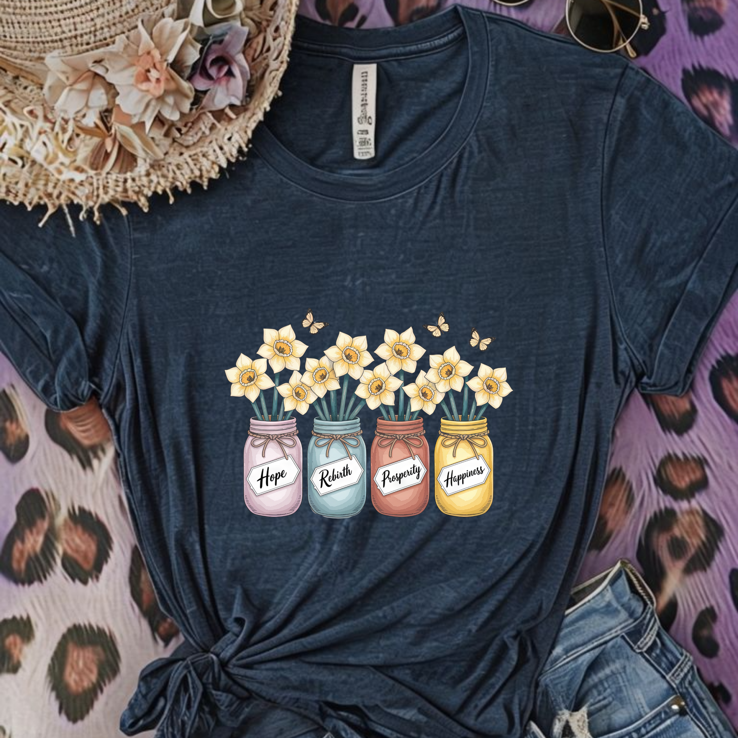 Daffodil Birth Flower Jar Shirt | March Hope Rebirth Prosperity Happiness | Butterfly Floral Tee