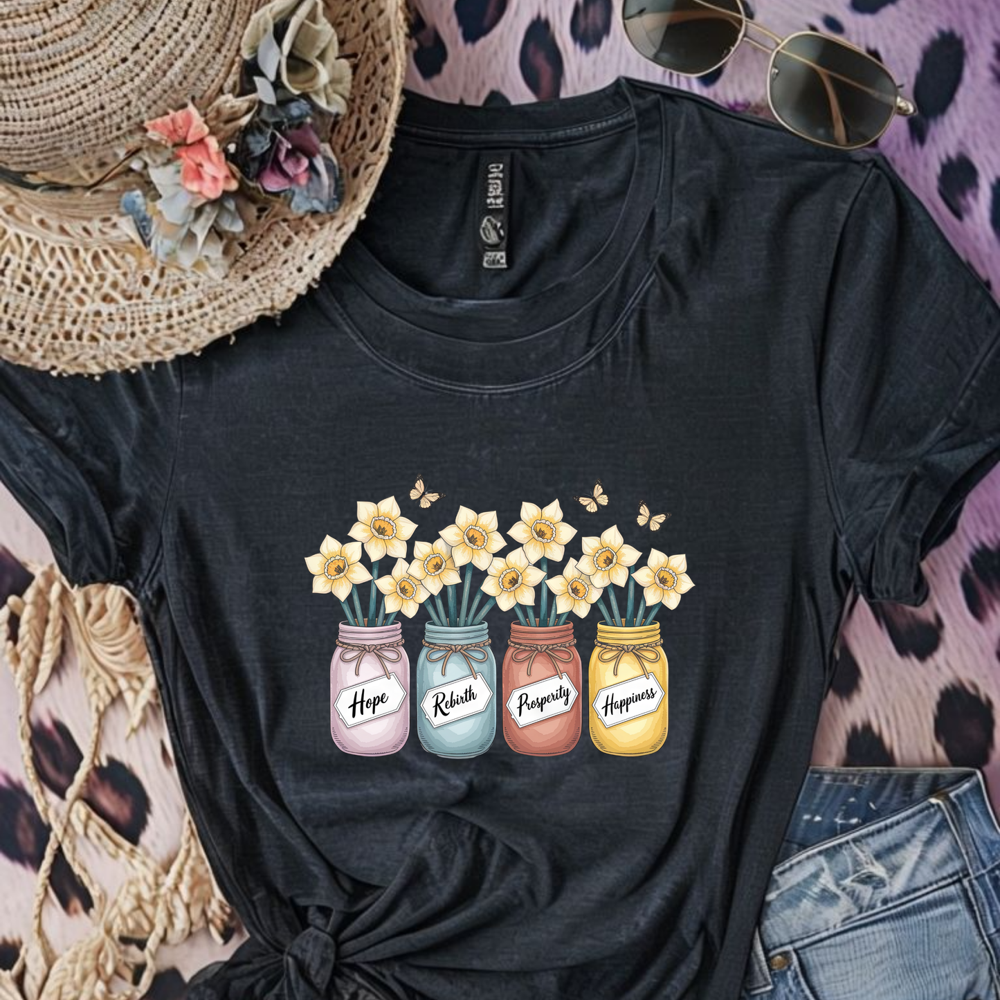 Daffodil Birth Flower Jar Shirt | March Hope Rebirth Prosperity Happiness | Butterfly Floral Tee