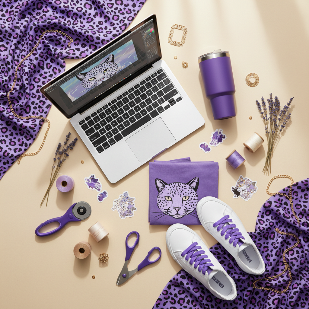Marie Gems 'Create' flat lay, visually representing our "Code, Craft, Create" philosophy with elements of web design, custom product crafting, and our signature purple and cheetah branding