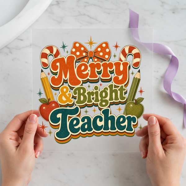 Merry and Bright Teacher Christmas DTF transfer design