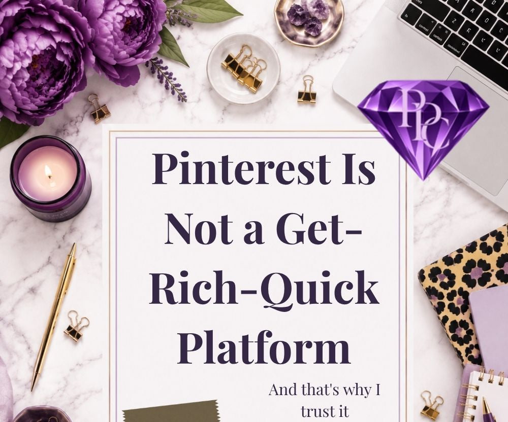 Promotional graphic for 'Pinterest is Not a Get-Rich-Quick Platform' with decorative elements like flowers and a laptop.