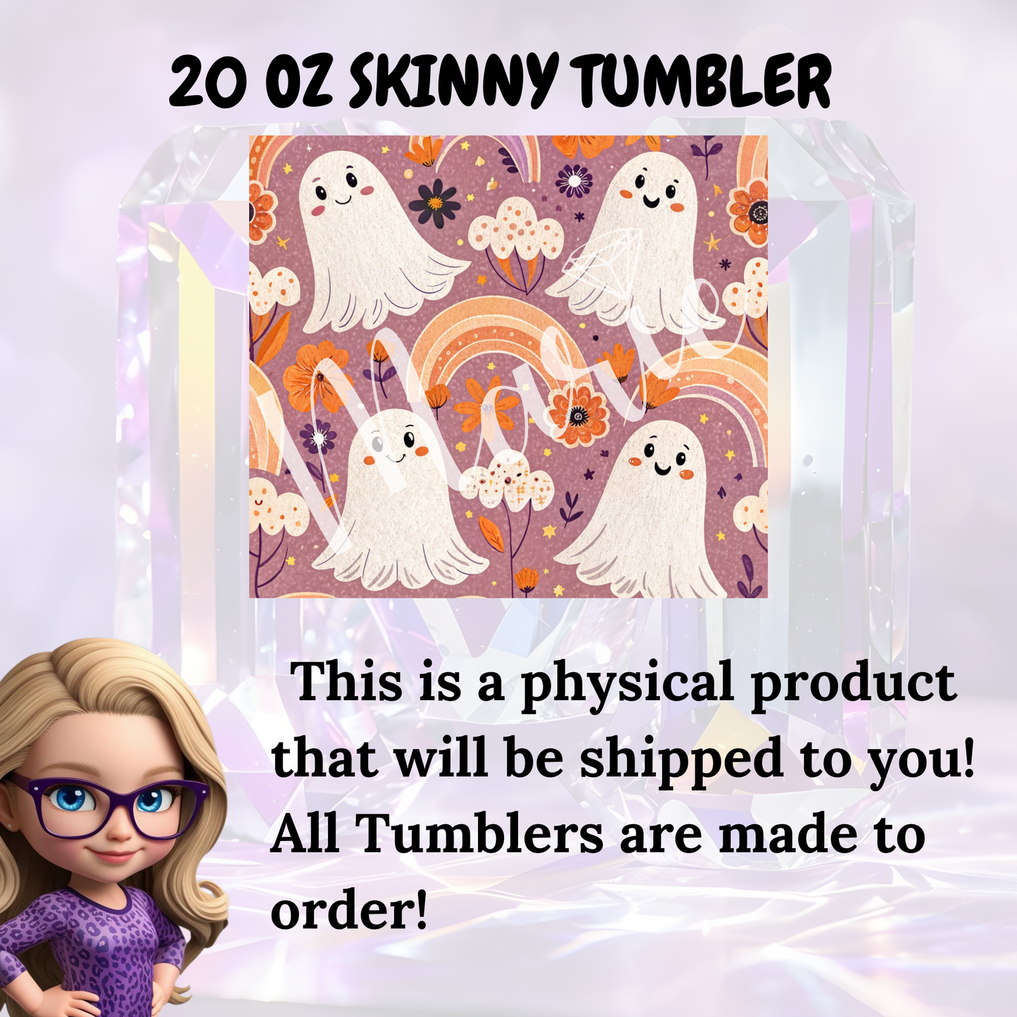 Cute Ghost Rainbow 20oz Skinny Tumbler, Spooky Season Drinkware, Ghost Lover Physical Tumbler, Made to Order Halloween Cup
