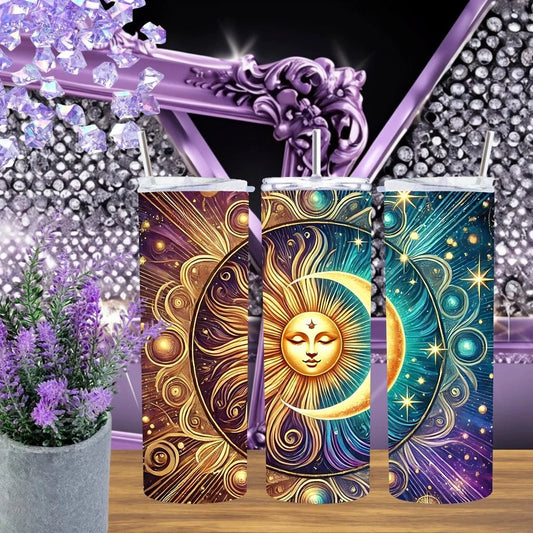 Celestial Sun and Moon 20oz Tumbler • Gold Galaxy Stainless Steel Cup • Mystical Astrology Gift • Handmade Solar Eclipse Aesthetic Drinkware by Marie Gems