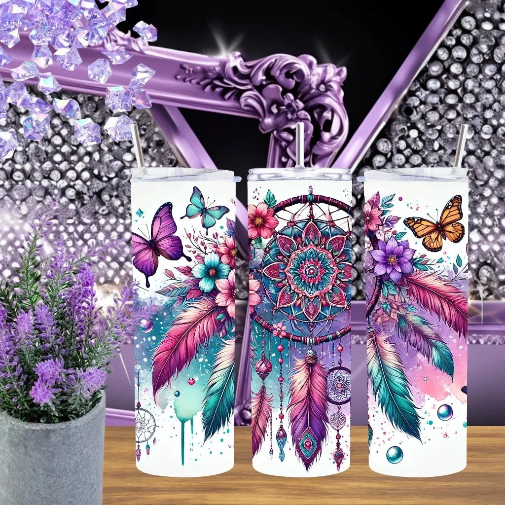Dreamcatcher 20oz Tumbler Ethereal Butterfly Stainless Steel Cup Boho Watercolor Feather Aesthetic Drinkware Gift for Her by Marie Gems