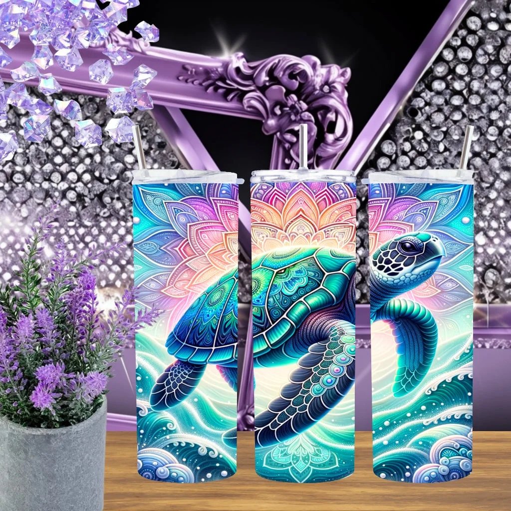 Sea Turtle Mandala Tumbler 20oz And 30oz Handmade Stainless Steel Cup Teal Boho Aesthetic Drinkware Gift For Her by Marie Gems