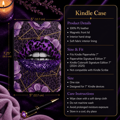 Purple Leopard Handmade 7-Inch Kindle Paperwhite Case showing purple leopard kindle case artwork with purple leopard kindle case, glitter lips kindle cover, personalized kindle