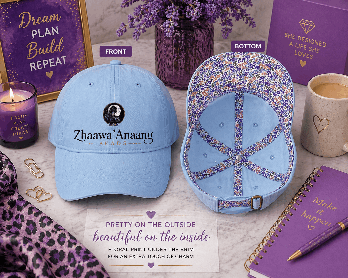Custom Infinity Her CASSIE Women’s Pigment-Dyed Hat with Polka Dot Undervisor – DTF Printed Logo Cap, Personalized Women’s Boutique Baseball Hat, Custom Business Merch