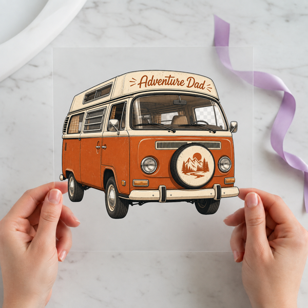 Adventure Dad DTF transfer mockup with camper van badge design for a road trip dad gift