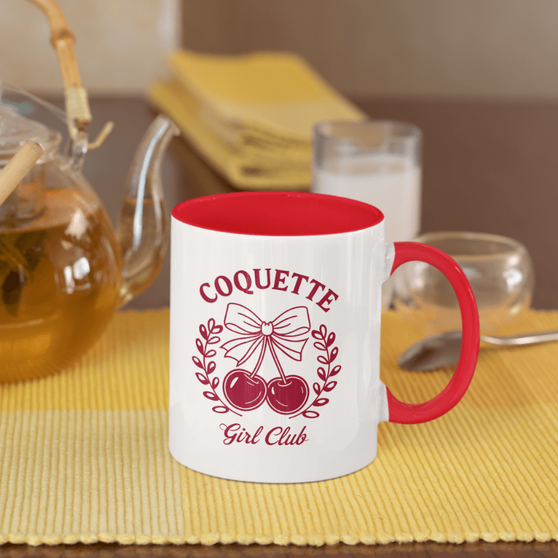 Aesthetic Cherry Coquette Coffee Mug with cherry bow design and Coquette Girl Club text on white ceramic.