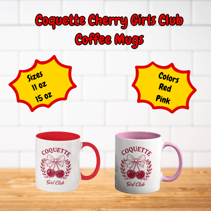 Aesthetic Cherry Coquette Coffee Mug with cherry bow design in red and pink, available in 11oz and 15oz sizes.