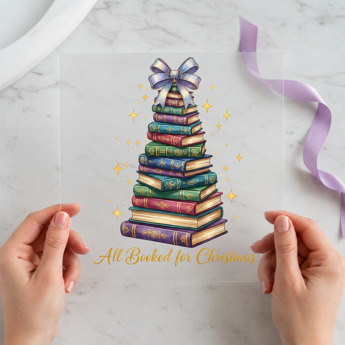 All Booked for Christmas Book Tree 12 by 12 ready-to-press DTF heat transfer for a book lover shirt