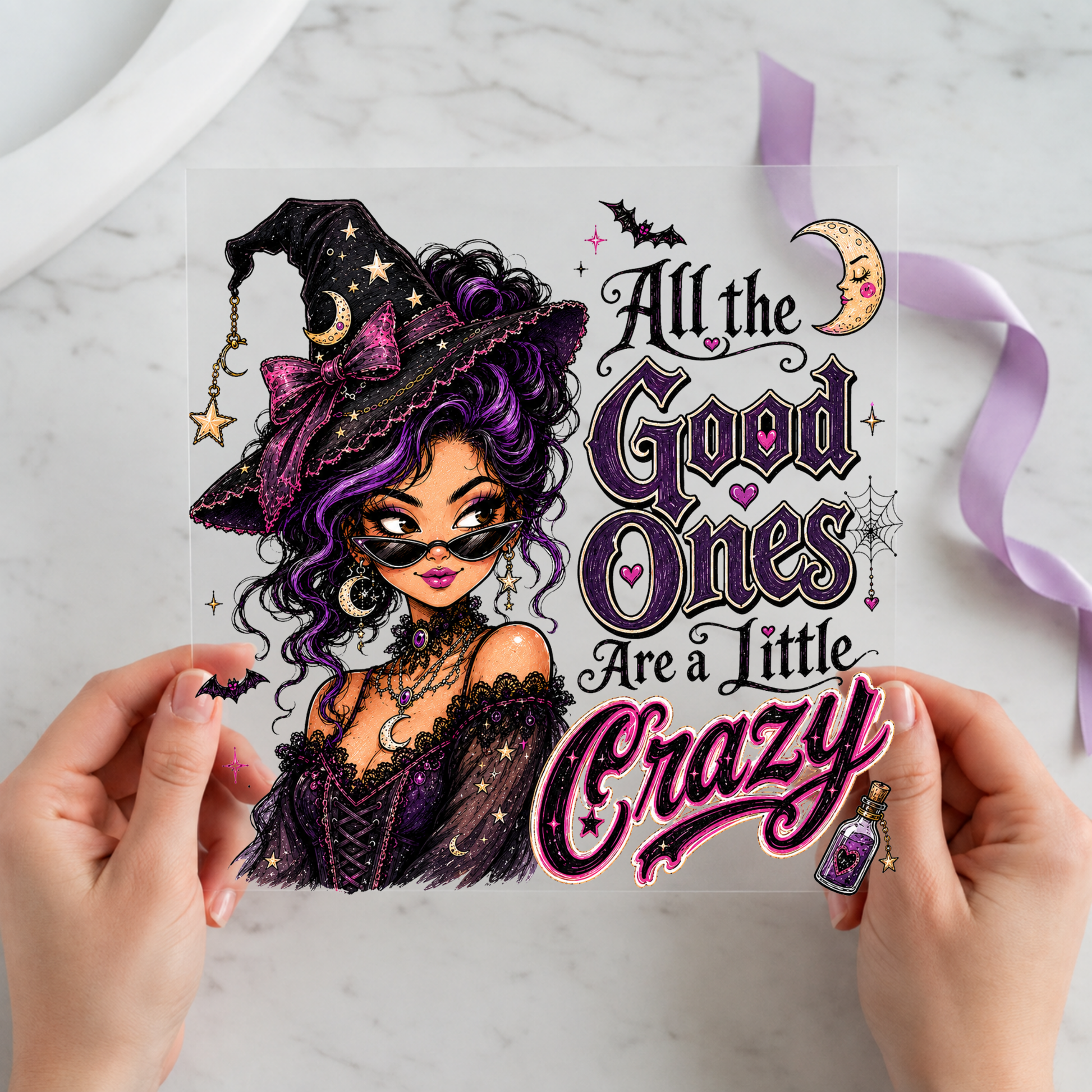 All the Good Ones Are a Little Crazy Witch featuring glamorous purple-haired witch with potion and moon details on a 12x12 ready-to-press DTF heat transfer