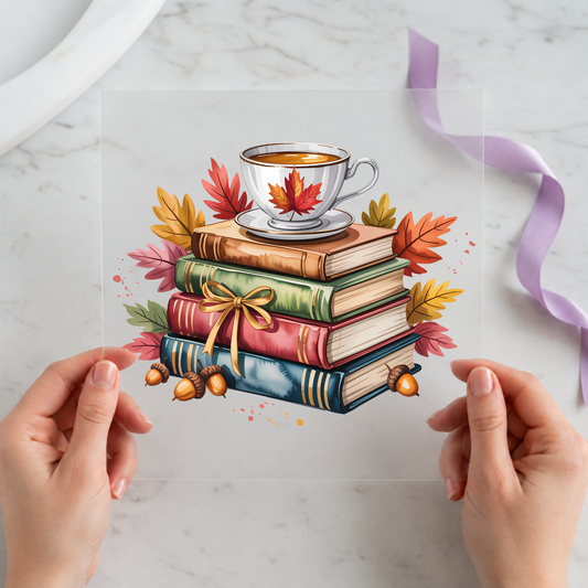 Autumn Books and Coffee individual product photo included in the Fall & Pumpkin Volume 2 five-pack DTF transfer bundle