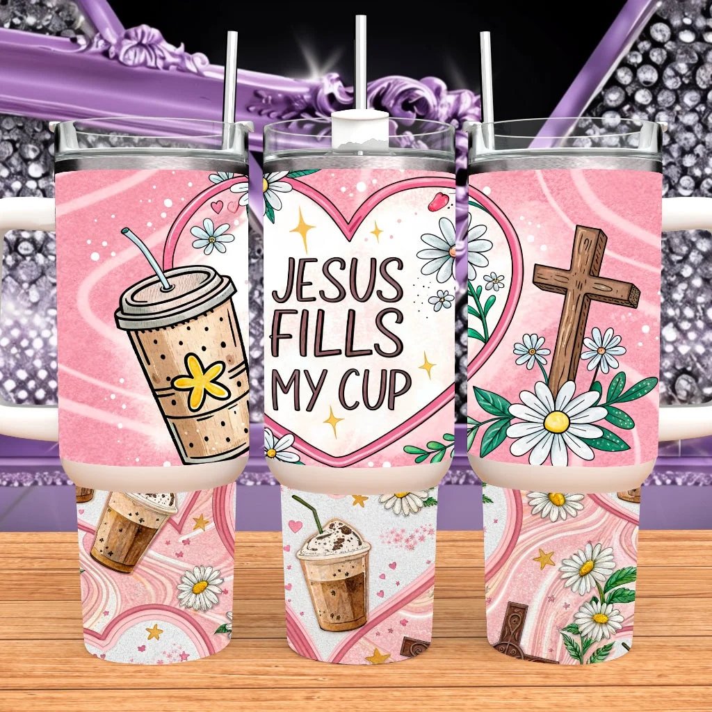 Jesus Fills My Cup 40Oz Tumbler With Handle Christian Stainless Travel Mug Pink Floral Faith Water Bottle Gift For Her by Marie Gems
