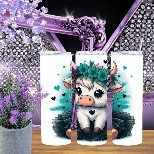 Highland Cow 20oz Tumbler Teal Floral Heifer Stainless Steel Cup Handmade Boho Farmhouse Drinkware Gift For Her by Marie Gems