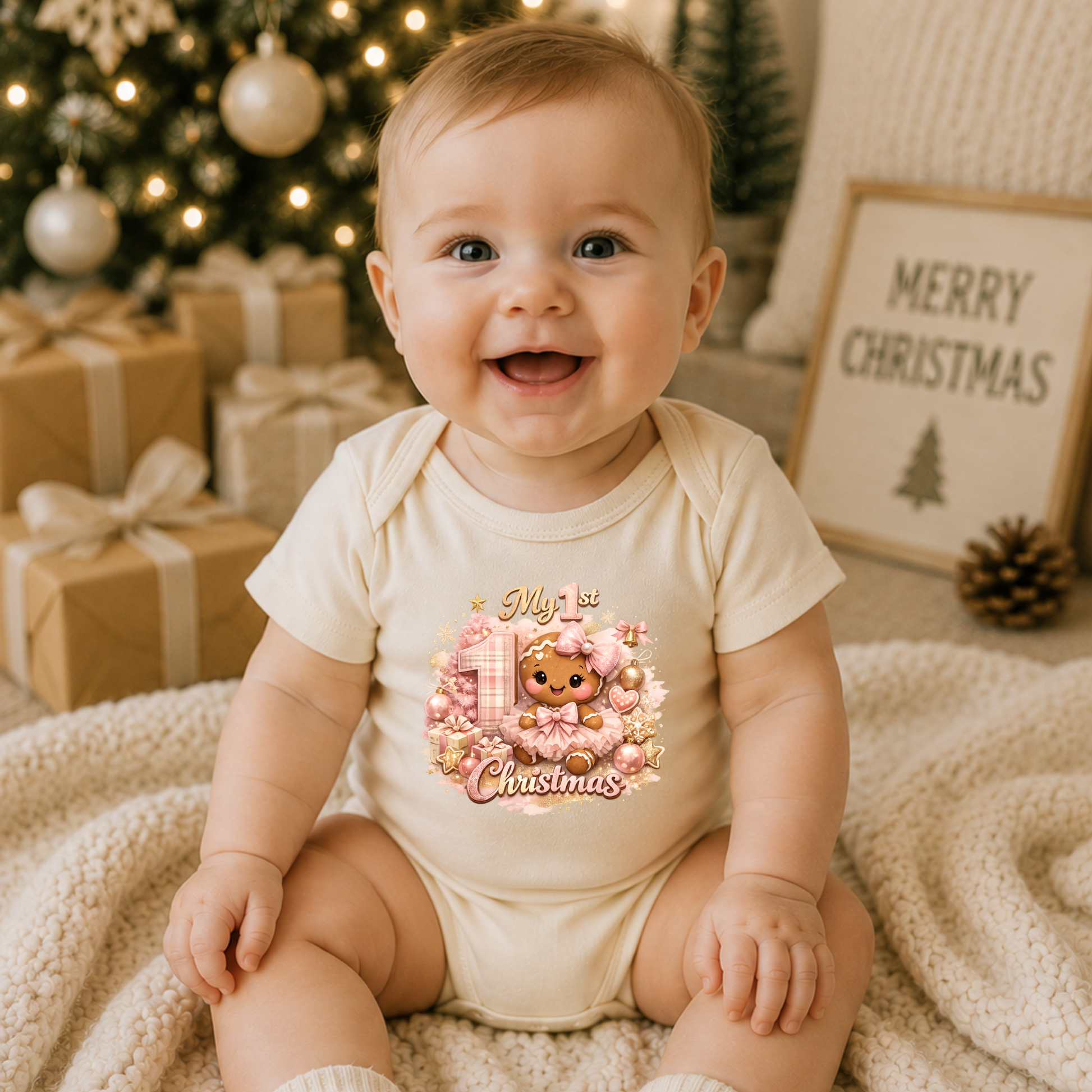 Smiling baby girl wearing a Baby Girl First Christmas bodysuit with a pink gingerbread Christmas design while sitting in front of a decorated Christmas tree.