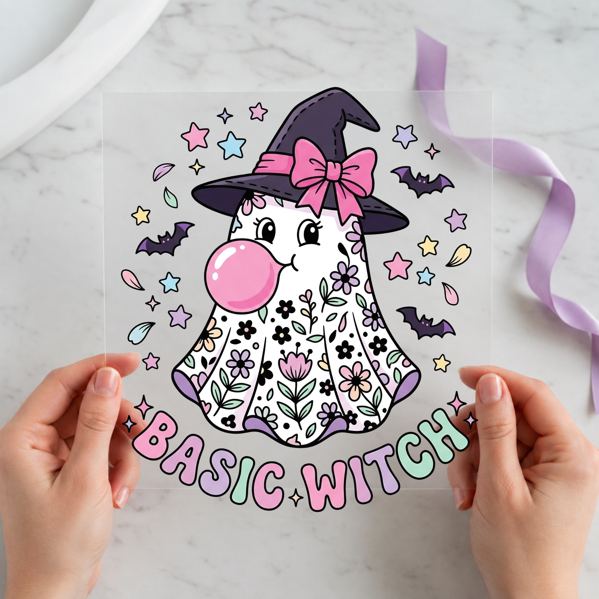 Basic Witch Bubblegum Ghost featuring floral ghost in witch hat blowing pink bubblegum on a 12x12 ready-to-press DTF heat transfer