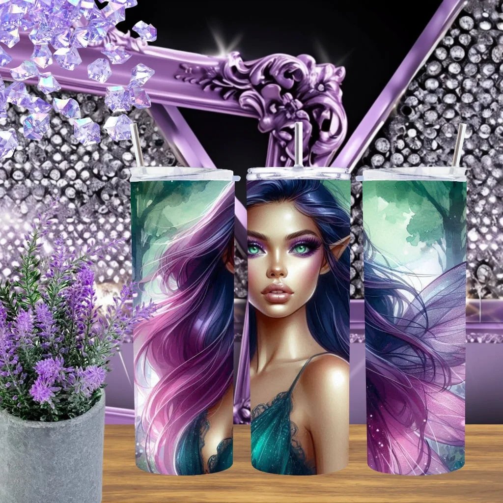 Ethereal Forest Elf 20oz Tumbler Handmade Stainless Steel Cup With Fantasy Fairy Art And Winged Creature Gift For Her by Marie Gems