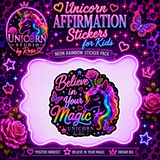 Unicorn Affirmation Stickers for Kids Vinyl Sticker Pack showing unicorn affirmation stickers for kids artwork with inspirational stickers for girls, motivational stickers for