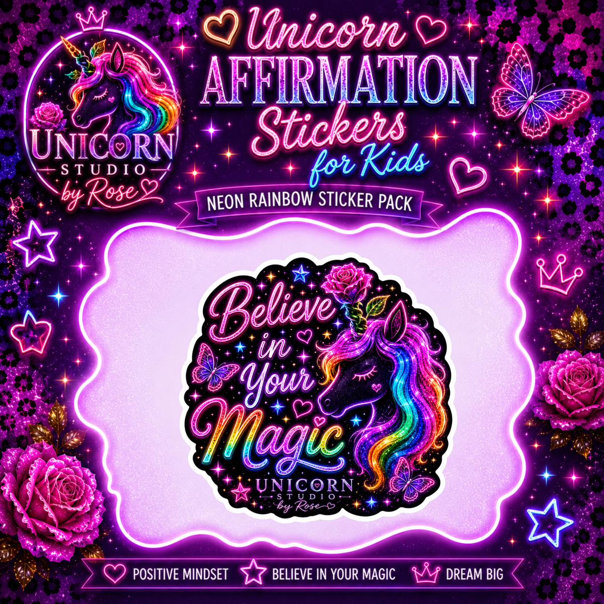 Unicorn Affirmation Stickers for Kids Vinyl Sticker Pack showing unicorn affirmation stickers for kids artwork with inspirational stickers for girls, motivational stickers for