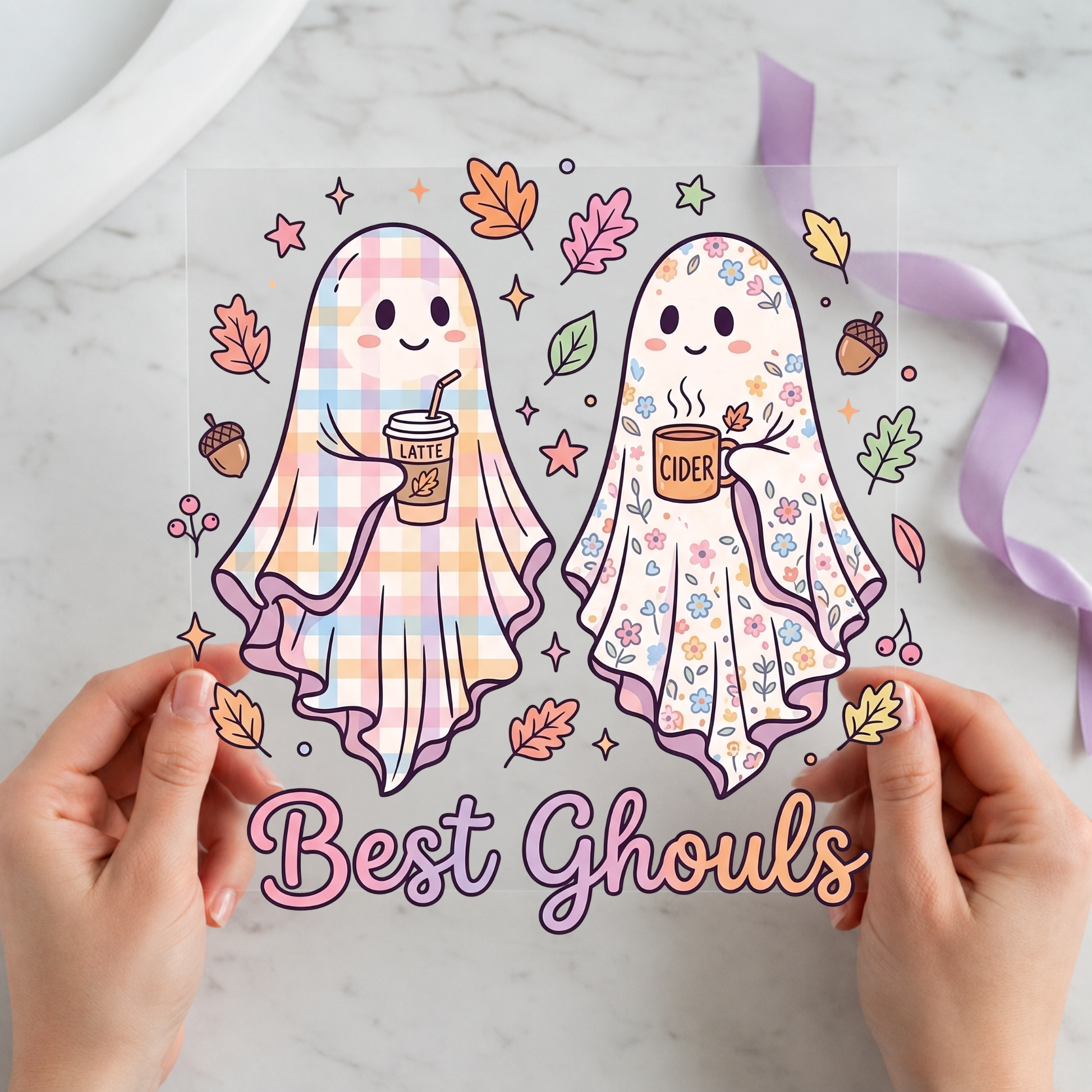 Best Ghouls Coffee Ghosts featuring two patterned ghosts holding iced coffee among autumn leaves on a 12x12 ready-to-press DTF heat transfer