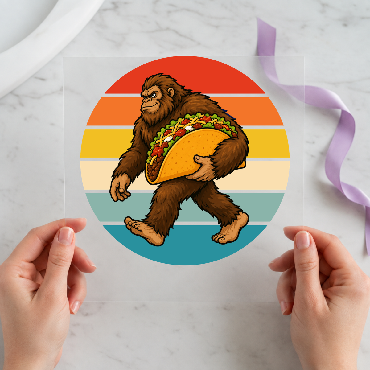 Bigfoot Carrying a Taco individual product photo included in the Funny Taco Curated Mix 9 five-pack DTF transfer bundle
