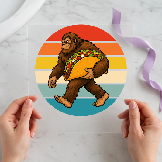 Bigfoot Carrying a Taco individual product photo included in the Funny Taco Curated Mix 9 five-pack DTF transfer bundle