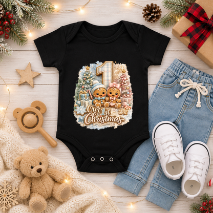 First Christmas Twin Baby Bodysuit for Boy Infant Bodysuit Outfit showing two adorable gingerbread babies representing a boy and girl celebrating their first Christmas together