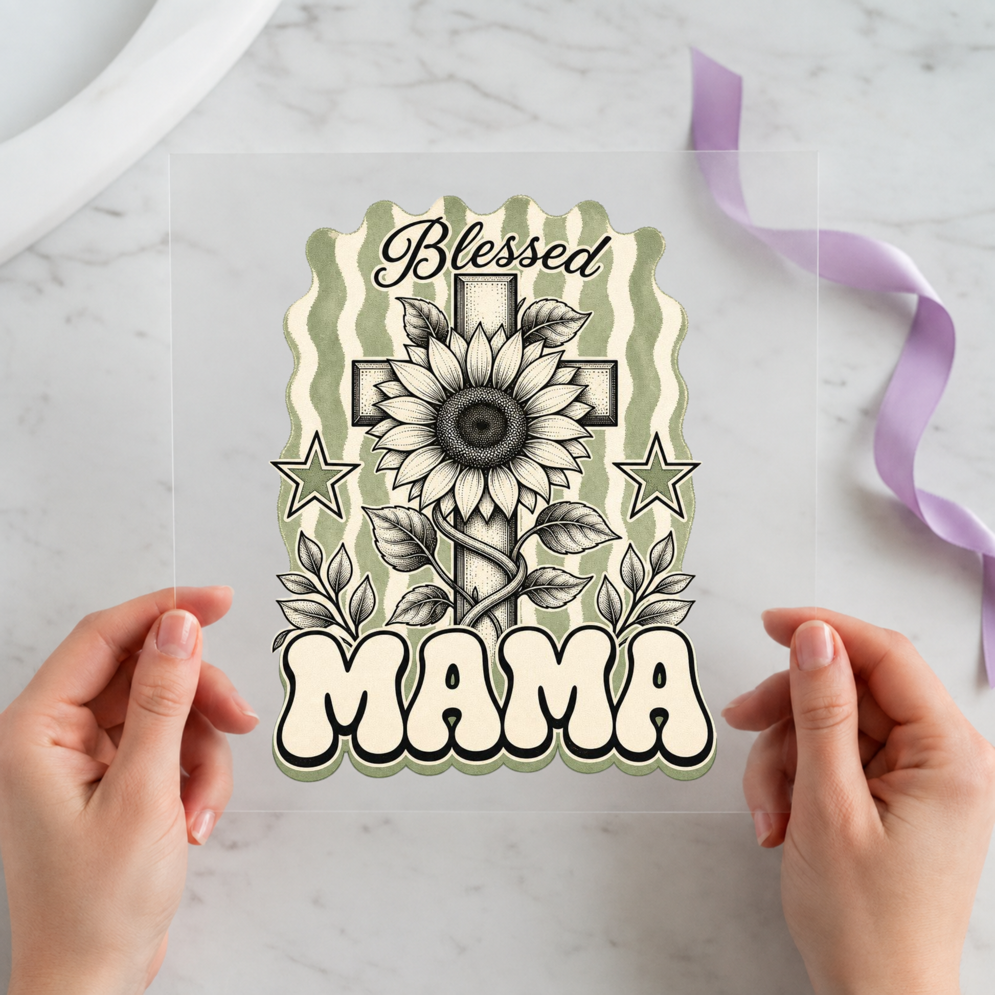 Blessed Mama Sunflower Cross individual product photo included in the Christian Faith five-pack DTF transfer bundle