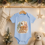 First Christmas Twin Baby Bodysuit for Boy Infant Bodysuit Outfit showing two adorable gingerbread babies representing a boy and girl celebrating their first Christmas together