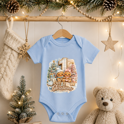 First Christmas Twin Baby Bodysuit for Boy Infant Bodysuit Outfit showing two adorable gingerbread babies representing a boy and girl celebrating their first Christmas together
