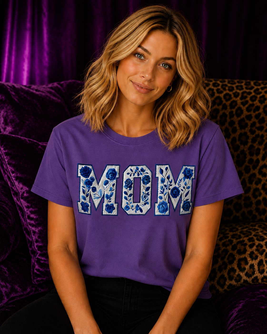 Blonde woman wearing a purple Gildan Blue Floral Mom T-Shirt featuring blue chinoiserie floral MOM lettering in a cozy purple aesthetic setting