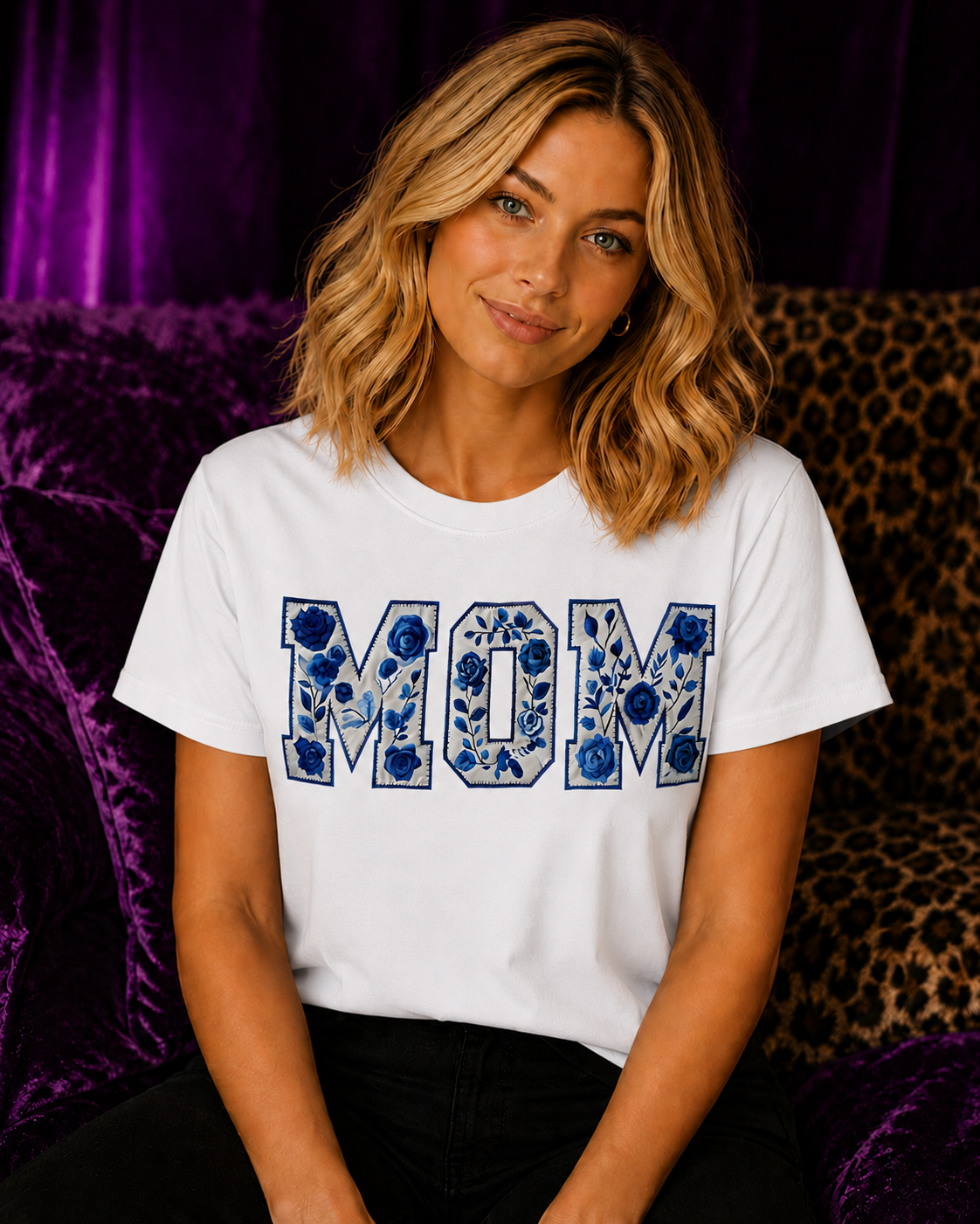 Blonde woman modeling a white Gildan Blue Floral Mom T-Shirt with blue floral chinoiserie inspired MOM design