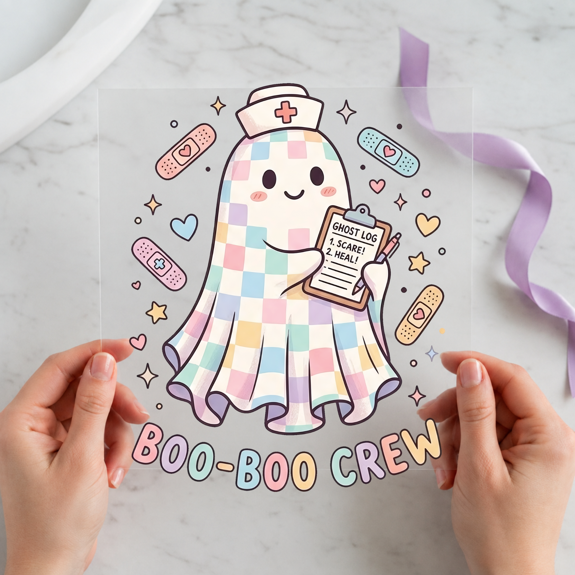 Boo-Boo Crew Nurse Ghost featuring pastel patchwork ghost wearing nurse cap and holding a coffee on a 12x12 ready-to-press DTF heat transfer