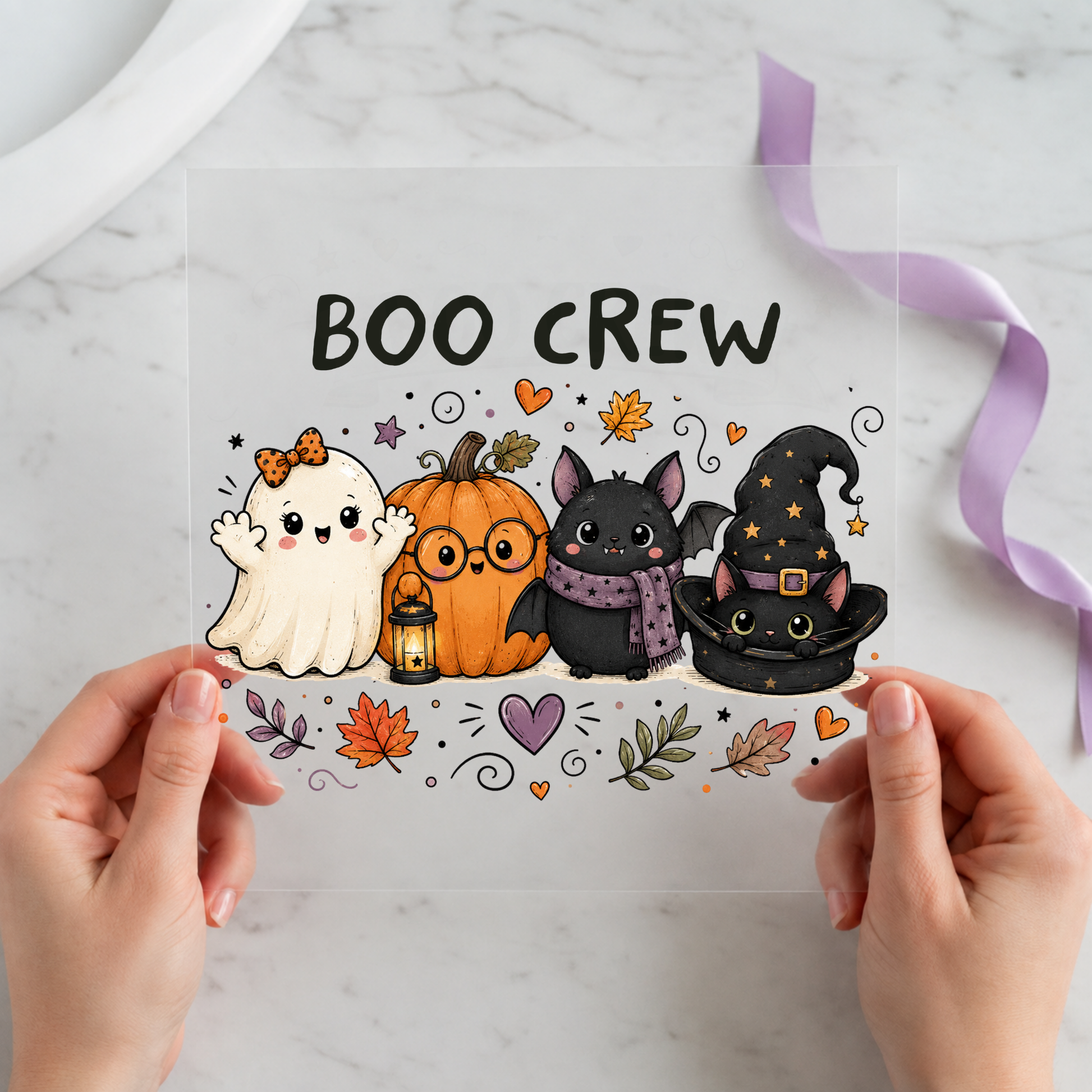 Boo Crew Cute Halloween Characters featuring ghost, pumpkin, black cat and witch cauldron beneath Boo Crew text on a 12x12 ready-to-press DTF heat transfer