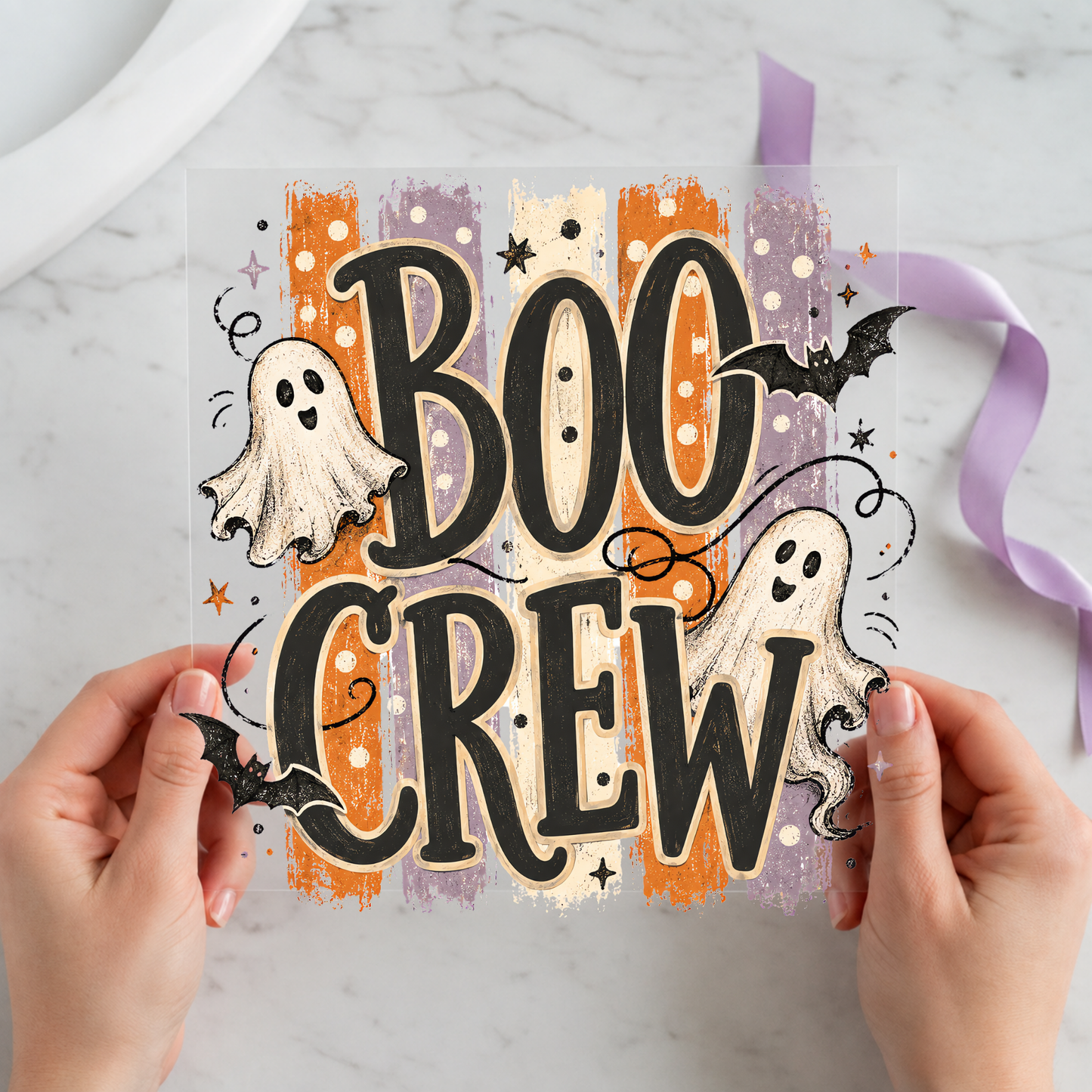 Boo Crew Ghosts featuring large Boo Crew lettering surrounded by white ghosts and black bats on a 12x12 ready-to-press DTF heat transfer