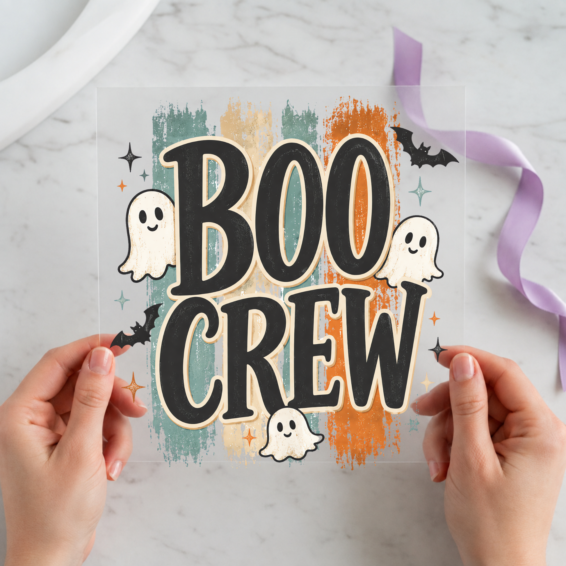 Boo Crew Retro Ghosts featuring large Boo Crew lettering surrounded by small white ghosts on a 12x12 ready-to-press DTF heat transfer
