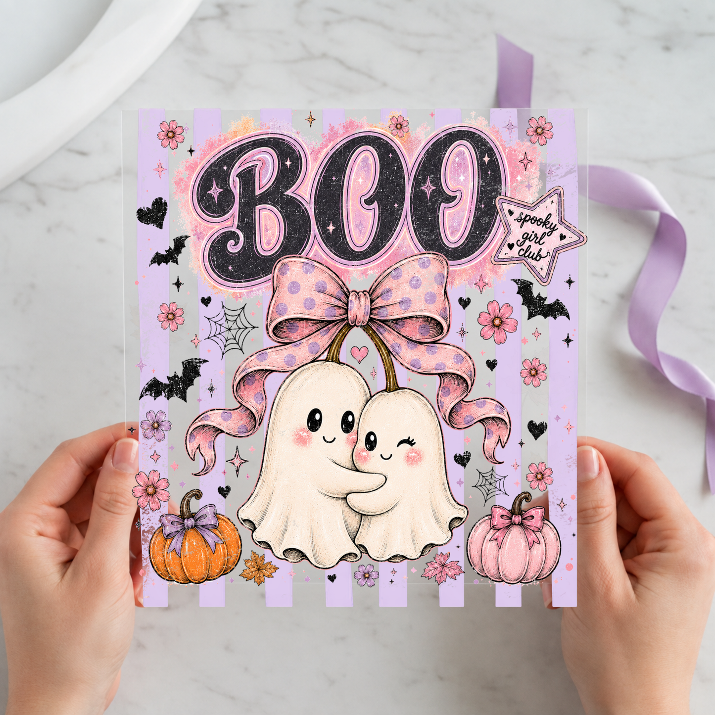 Boo Ghost Pink Coquette Bow featuring smiling ghost beneath pink BOO lettering and a large patterned bow on a 12x12 ready-to-press DTF heat transfer
