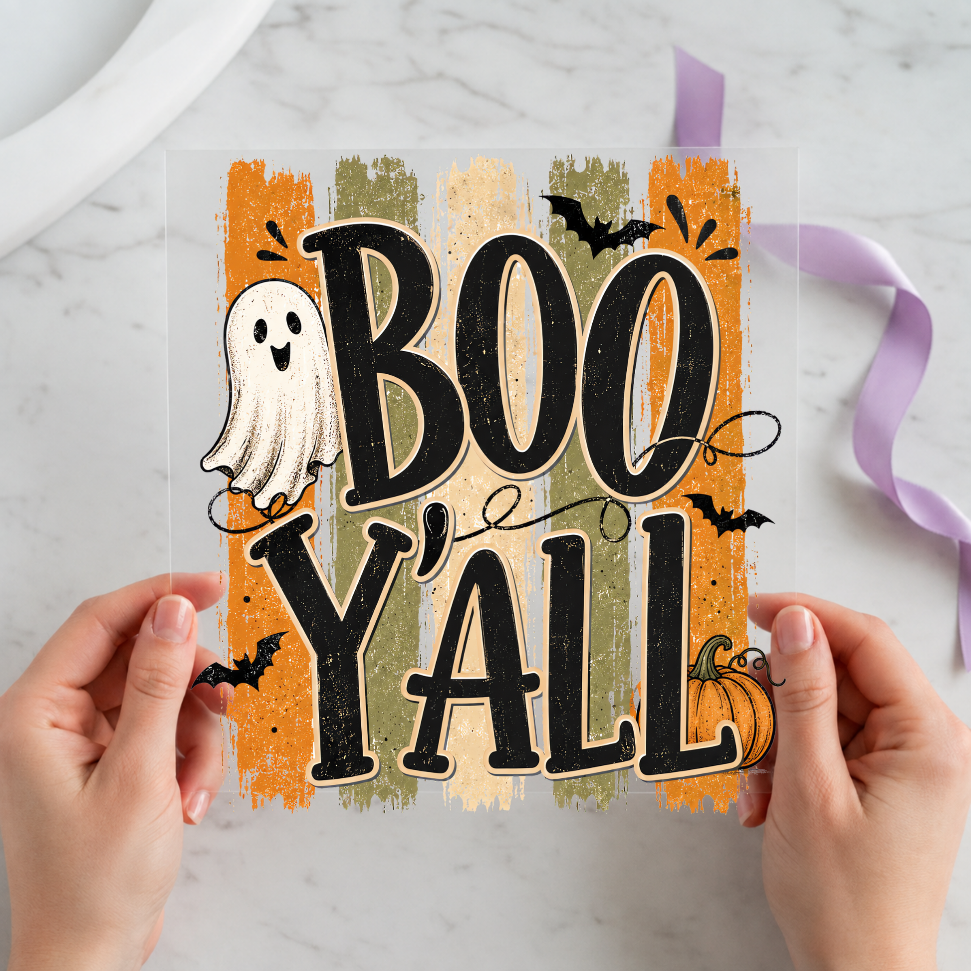 Boo Y'all Retro Ghost featuring large BOO Y'ALL lettering with ghost and muted brush strokes on a 12x12 ready-to-press DTF heat transfer