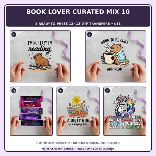 Book Lover Curated Mix 10 five-pack 12x12 ready-to-press DTF transfer bundle collage showing all five included designs