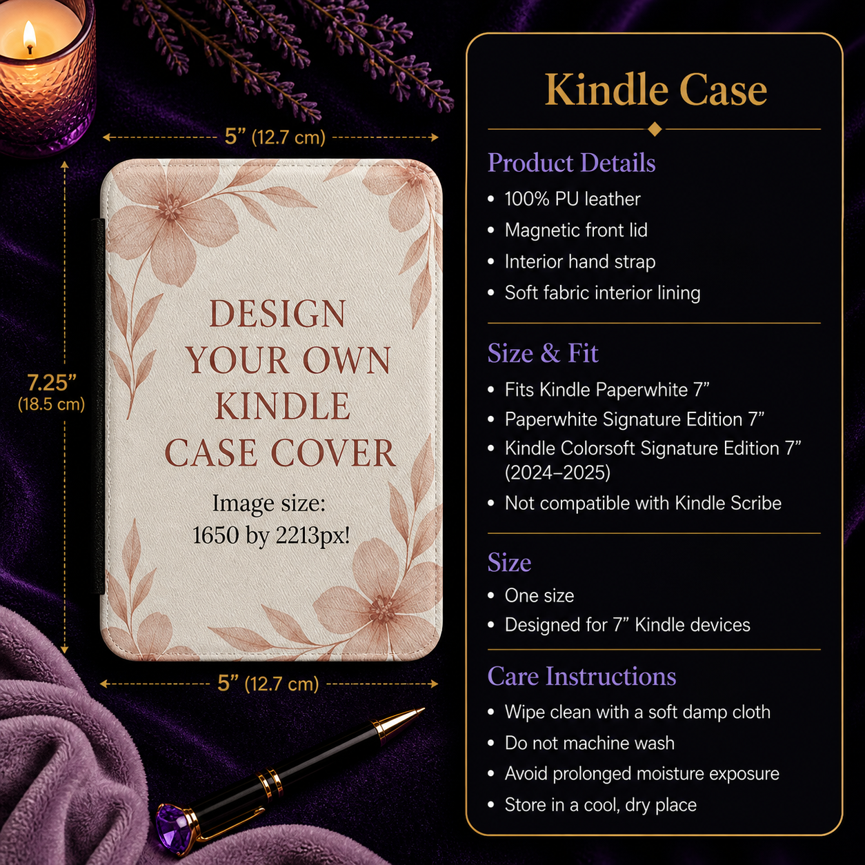 Custom Kindle Case | Personalized Reader Cover with floral design, magnetic lid, soft lining, and secure fit for 7-inch Kindle devices.